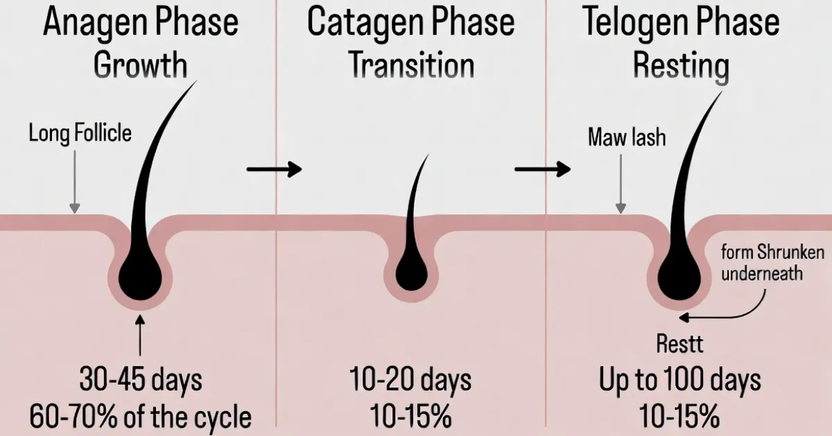 Eyelash growth cycle diagram showing three phases of lash regrowth
