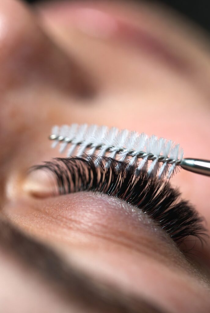 Using a spoolie brush to gently remove loosened lash extensions at home